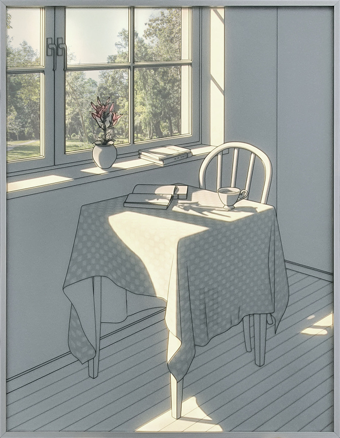 빛이 드는 공간, 2022, 강화유리에 샌딩, 유리전사, LED, 102x80x4cm. /작가 제공